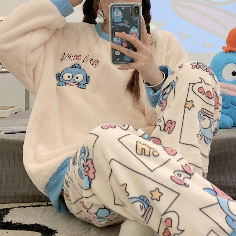 women's winter coral fleece pajamas korean style thickened flannel cute long sleeve suit for students plus size homewear autumn and winter Specification drawing