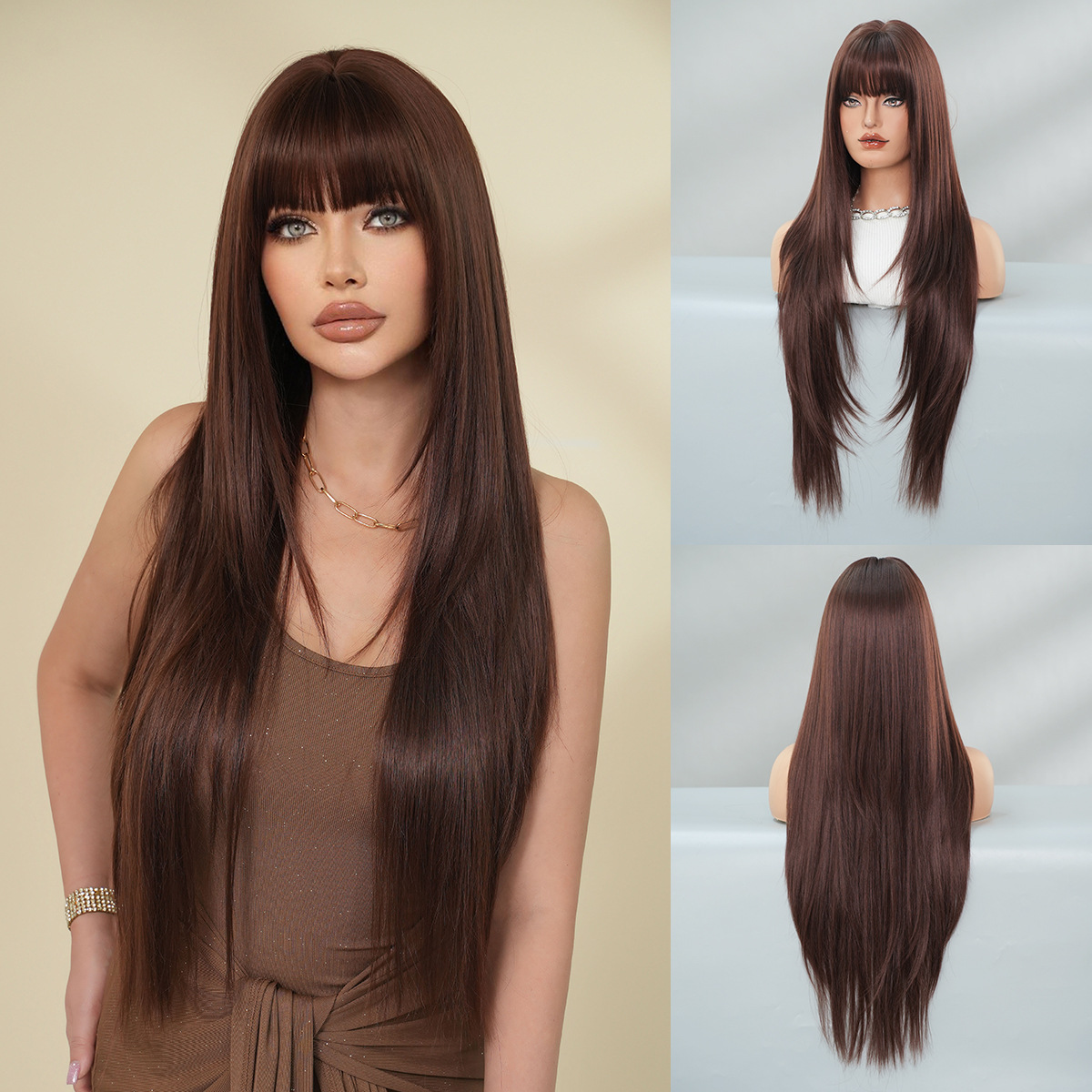 wig female fashion round face layers super long straight hair black full top wig straight bangs high quality chemical fiber full-head wig full figure