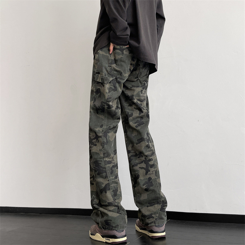 spring high street flared trousers american camouflage jeans men's straight vibe design high sense factory direct sales details Picture