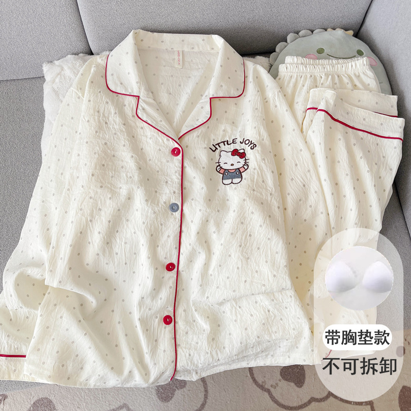 women's large size pajamas with chest pad spring and autumn cotton gauze cute plaid embroidery sausage dog long sleeve student suit Specification drawing