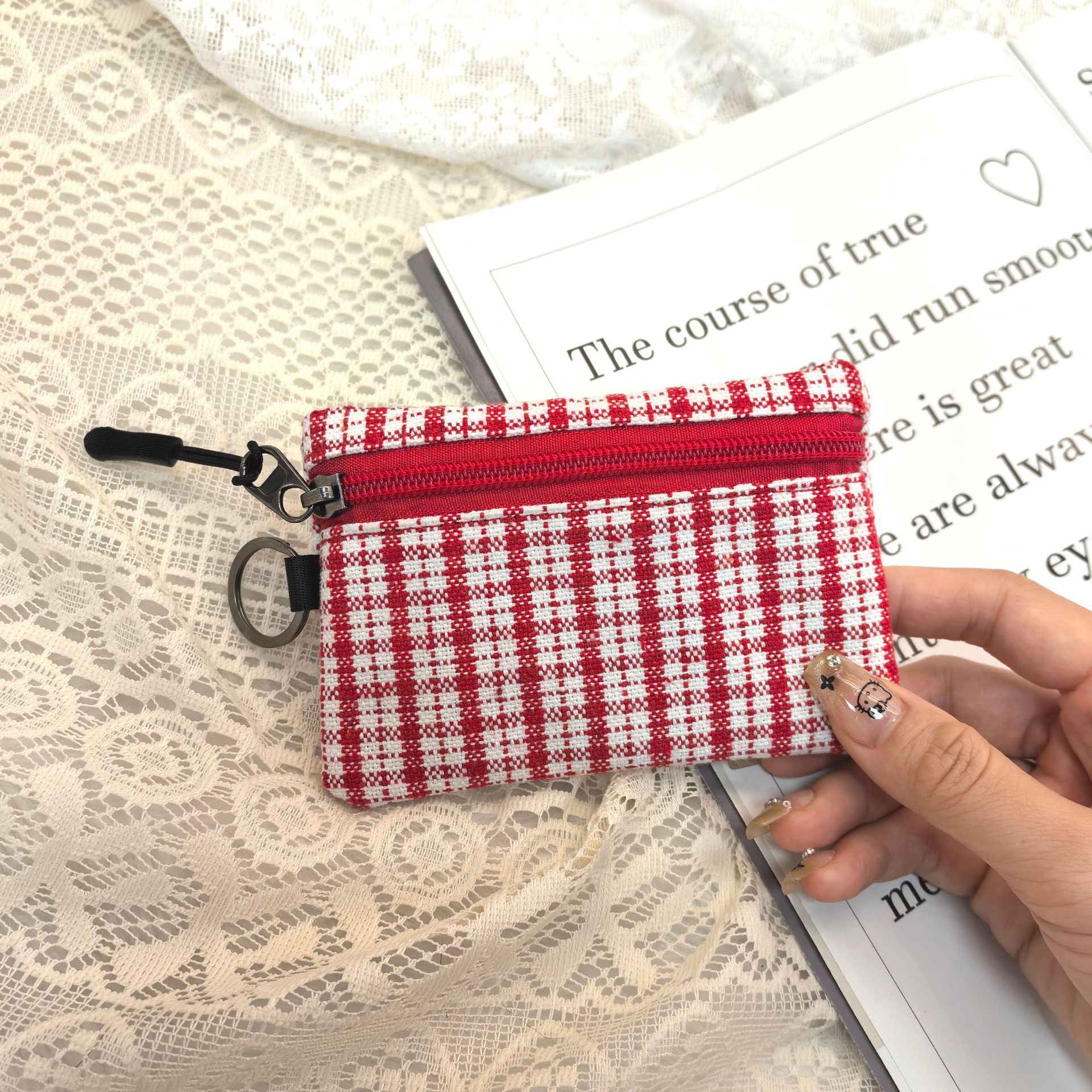 new simple plaid canvas coin purse full figure
