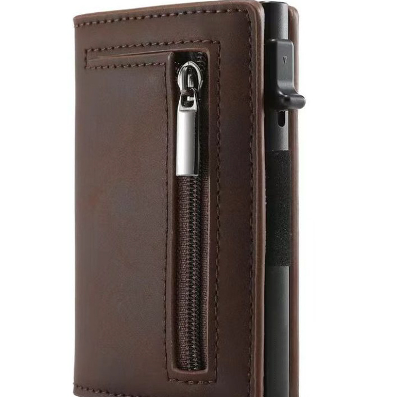 new leather wallet for man automatic pop-up credit card box ultra-thin rfid anti-theft card swiping bag metal card holder details Picture