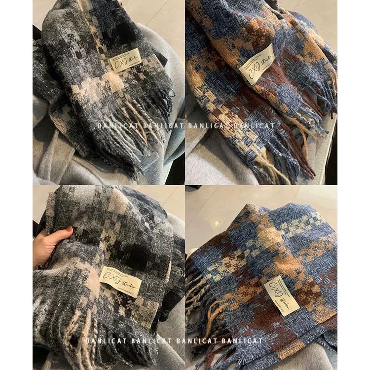 factory wholesale atmosphere plaid scarf female winter tassel warm thickened long section temperament shawl couple scarf Specification drawing
