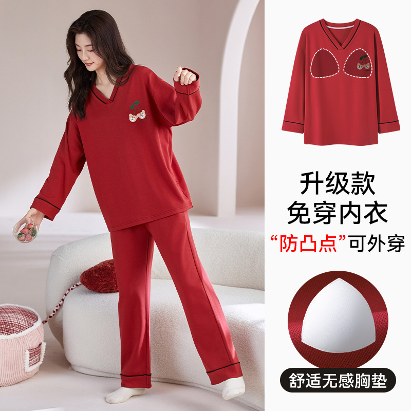 women's cotton pajamas with chest pad spring and autumn 2025 new long sleeve all cotton loose home wear cute cartoon suit Specification drawing