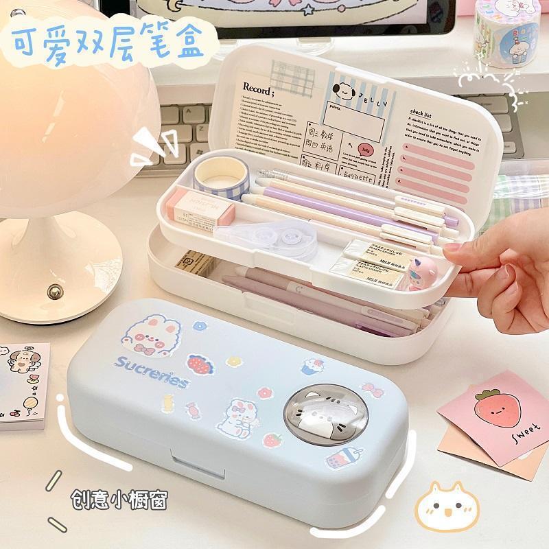 morandi simple stationery box primary school student multi-functional double-layer cartoon good-looking black technology pencil box wholesale full figure