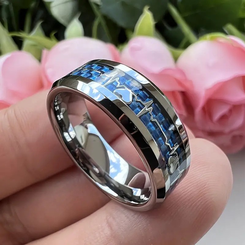 daihao ornament 8mm chamfered inlaid black carbon fiber golden heart rate high quality stainless steel ring factory Specification drawing