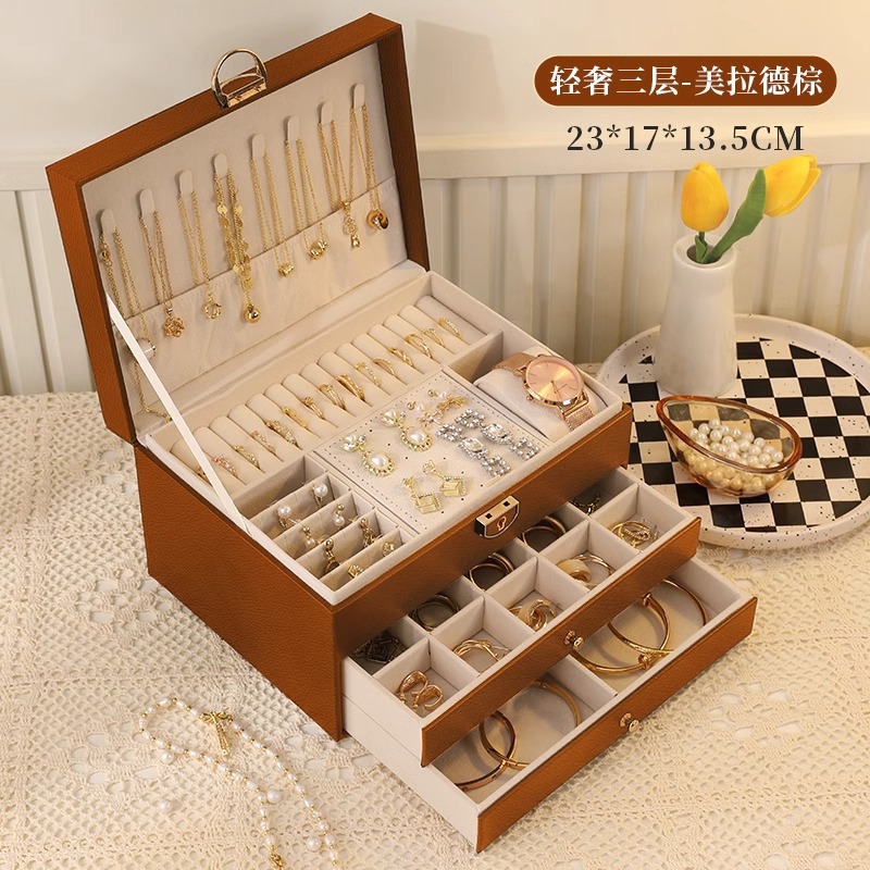 high-end three-layer jewelry box necklace earrings jewelry high quality leather large capacity multi-layer drawer ornament storage box Application Scenario