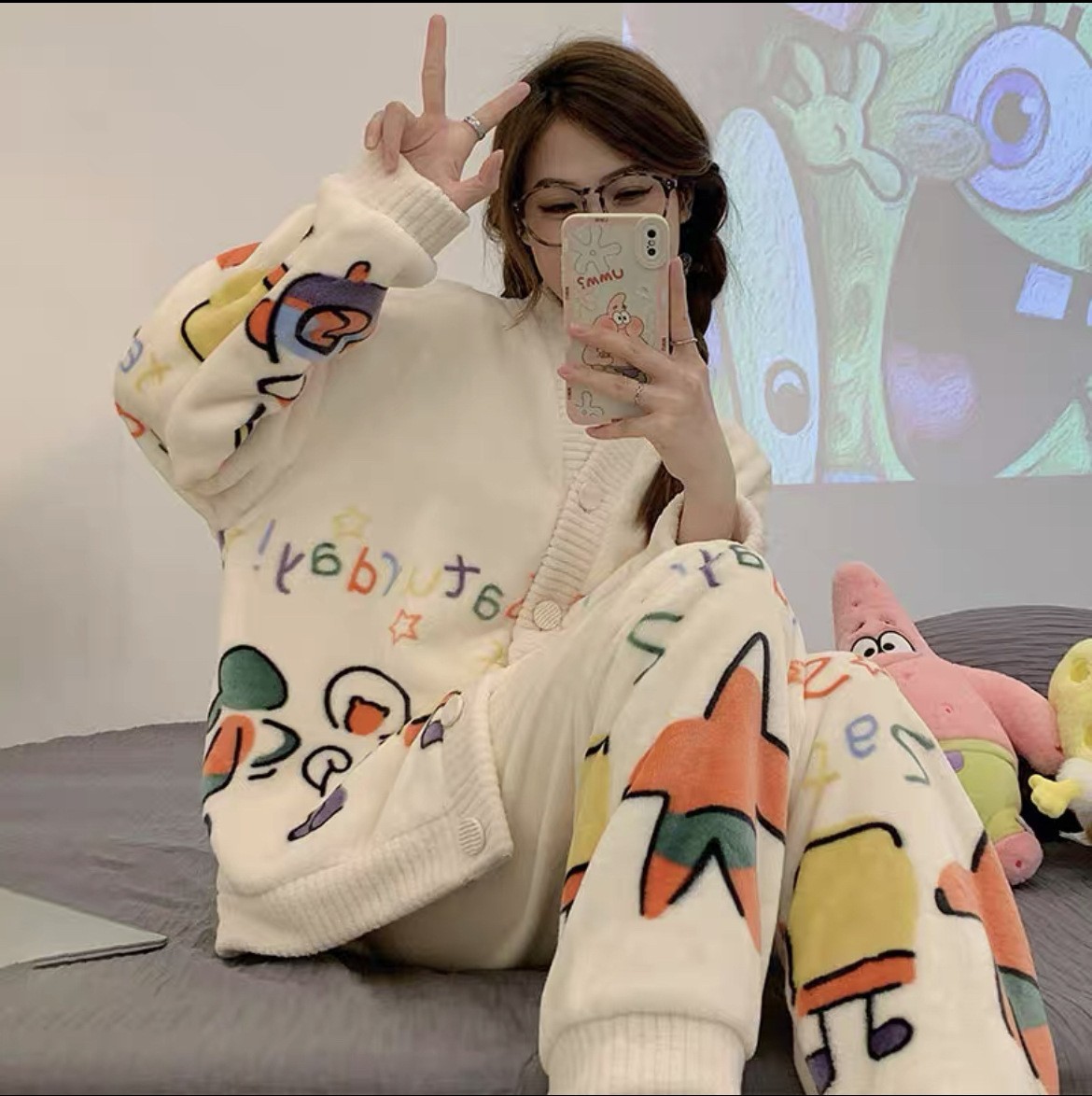 peach bear bowknot printed coral fleece crescent warm suit winter comfortable thermal pajamas homewear for women details Picture