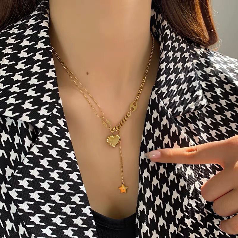 新款小星星爱心流苏项链金色简约气质钛钢项链女复古锁骨细链饰品详情图4
