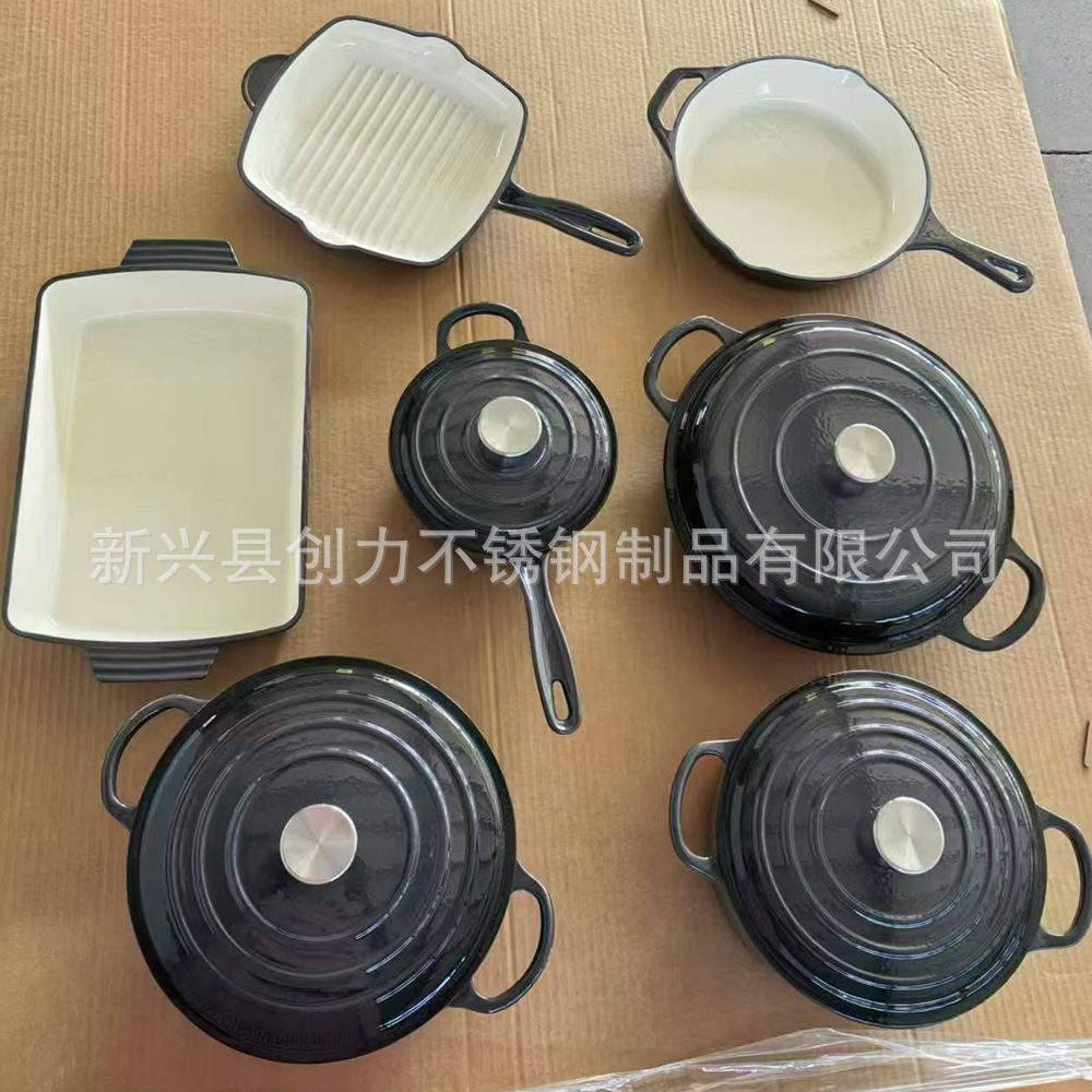 enameled cast-iron cookware 7-piece mummy pot uncoated soup pot fry pan 7pcs set gift pot foreign trade fry pan Specification drawing