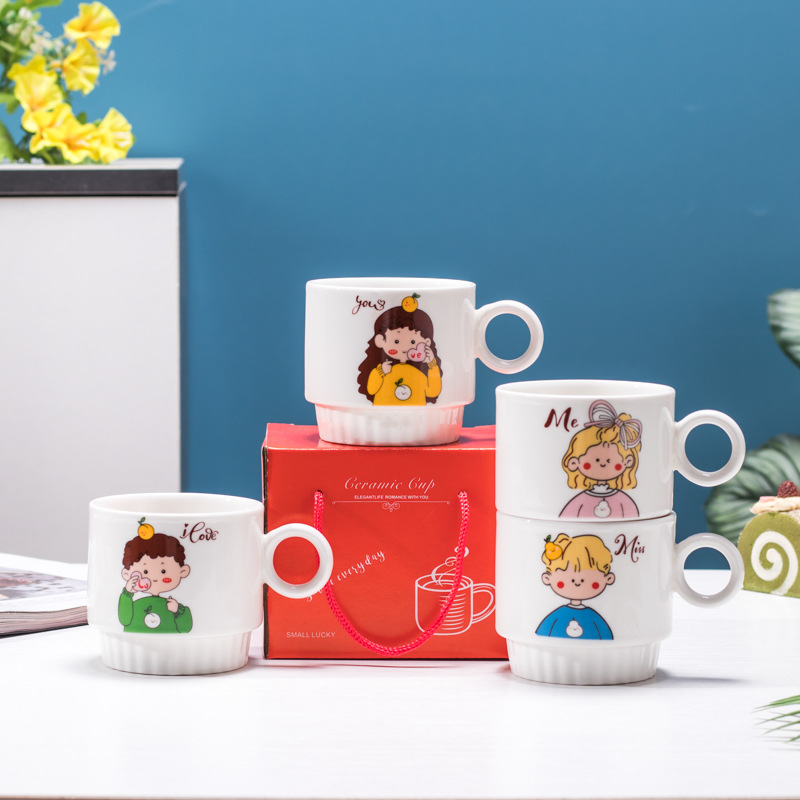 creative porcelain cup ins single cup opening small gift event gift cartoon cup couple mug printed logo full figure