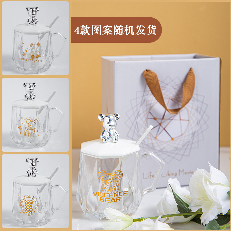 water cup gift gift box mug high temperature resistant creative glass cup bear towel cover and spoon set wholesale Specification drawing