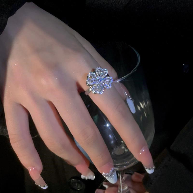 popular copper plating 18k ring rotating clover fritillary ring full diamond flowers openings adjustable index finger ring full figure
