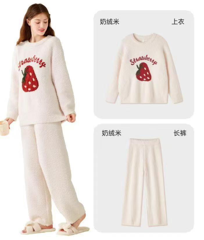 strawberry half-edge velvet pajamas for women 2025 autumn and winter loose fleece-lined warm sweet cute style home wear two-piece suit Specification drawing