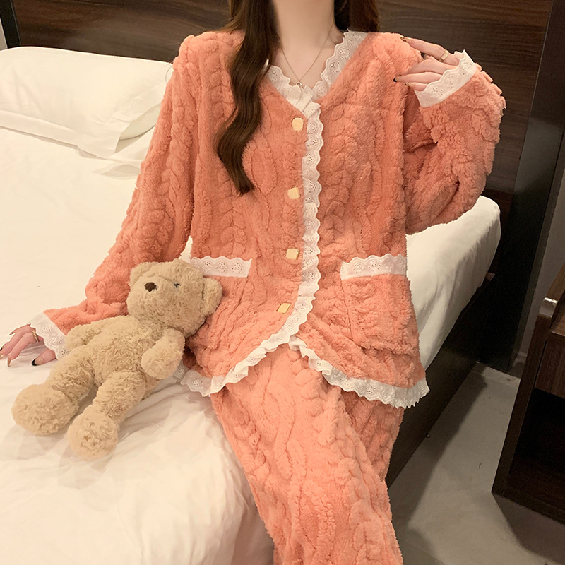coral velvet pajamas women's autumn and winter new korean style sweet classic style winter fleece-lined thickened warm loungewear suit full figure