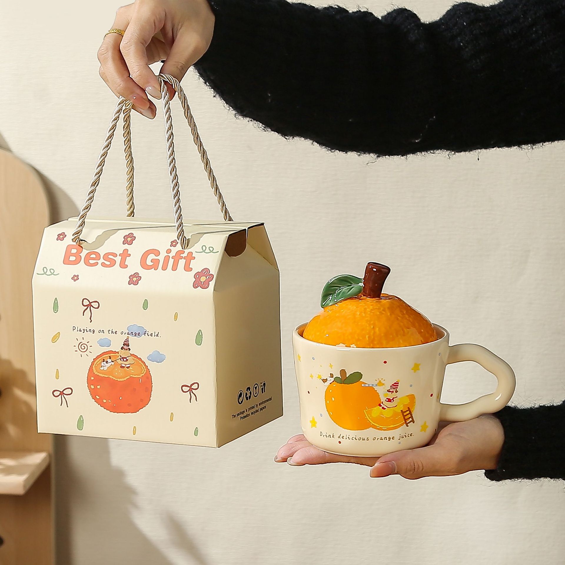 lucky orange ceramic cup cute mug with lid new year gift portable box office water glass full figure
