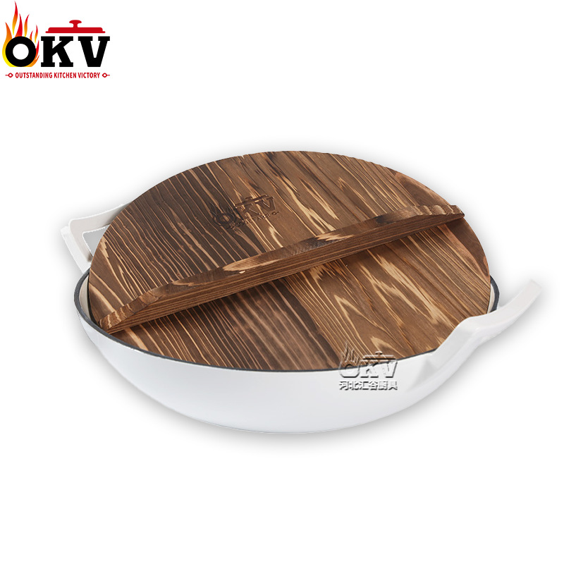 enamel enamel 36cm wok double-ear cast iron thickened one pot universal with wooden lid cast iron wok pan Specification drawing