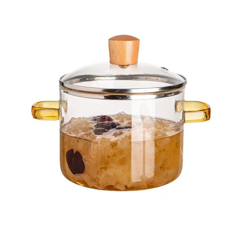 borosilicate glass pot household gas soup transparent and universal high temperature resistant electric ceramic stove yellow handle wood traditional soup pot full figure