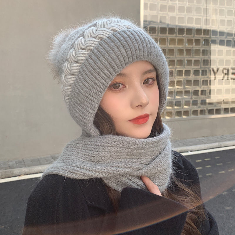 winter hat women's scarf earmuffs fashion wind and snow scarf integrated with hat wool knitted cap warm earflaps cap details Picture