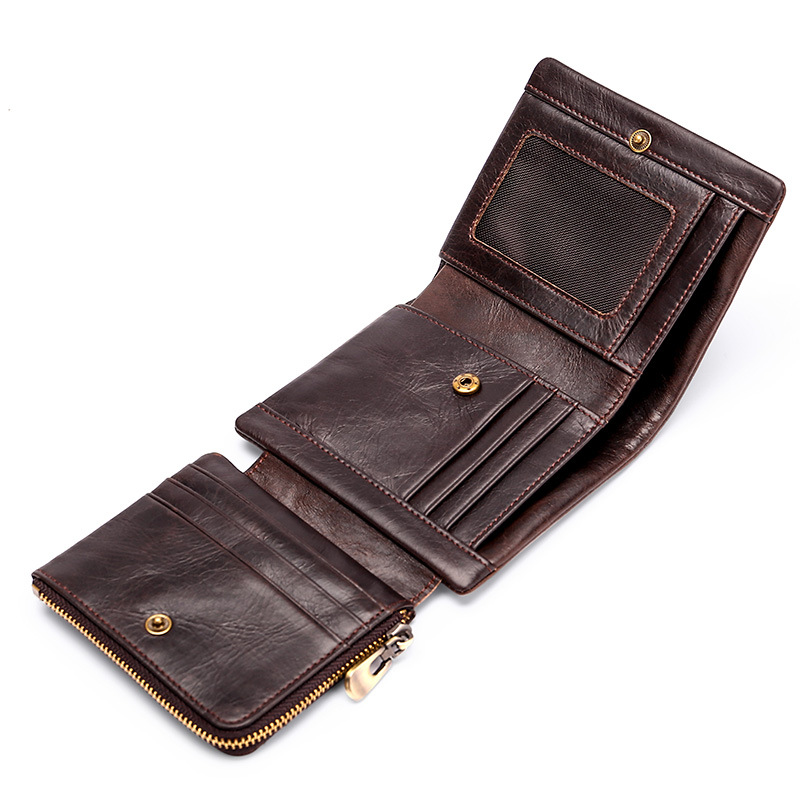 three fold genuine leather retro wallet short rfid anti-theft money brush set multiple card slots oil wax cowhide wallet men details Picture