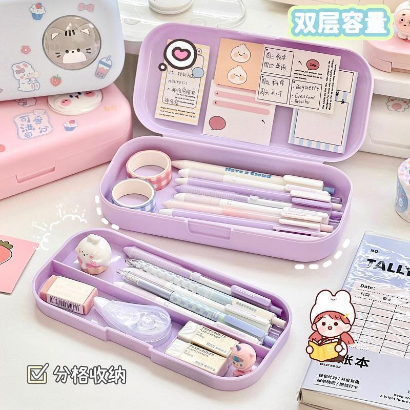 morandi simple stationery box primary school student large capacity double layer pencil box cartoon good-looking stationery storage box details Picture