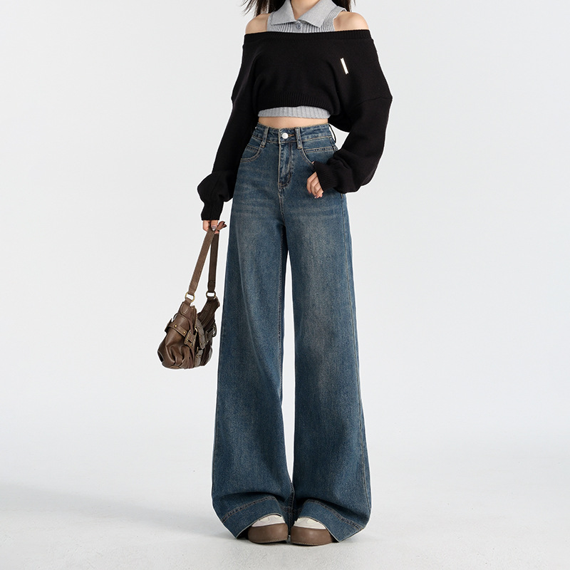 denim blue jeans for women 2025 autumn and winter new fleece-lined thick loose wide leg small straight-leg pants full figure