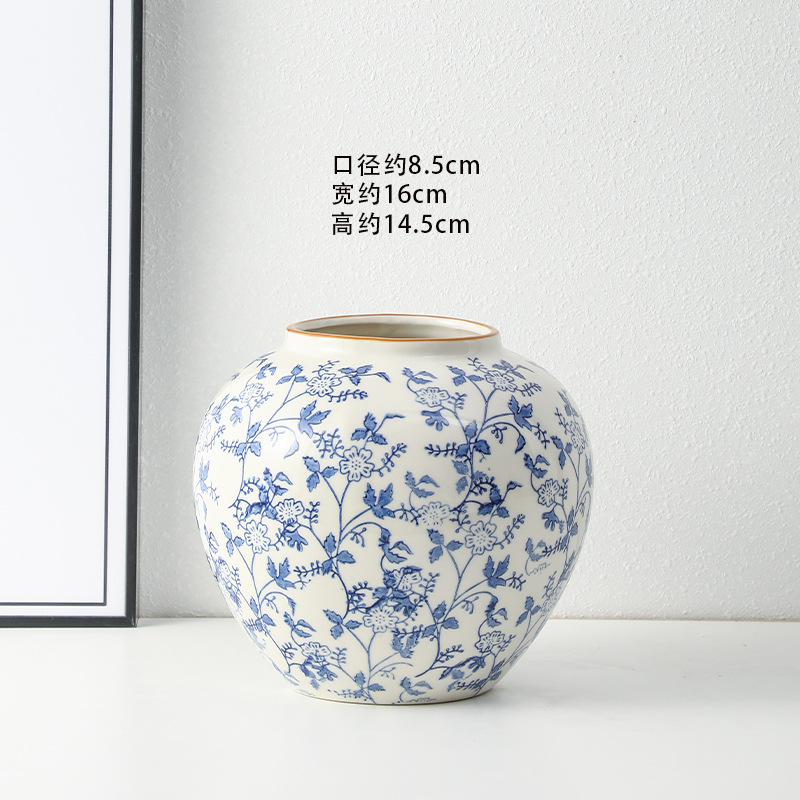 high-end retro new chinese blue and white porcelain vase three-piece guest restaurant flower arrangement domestic ornaments details Picture