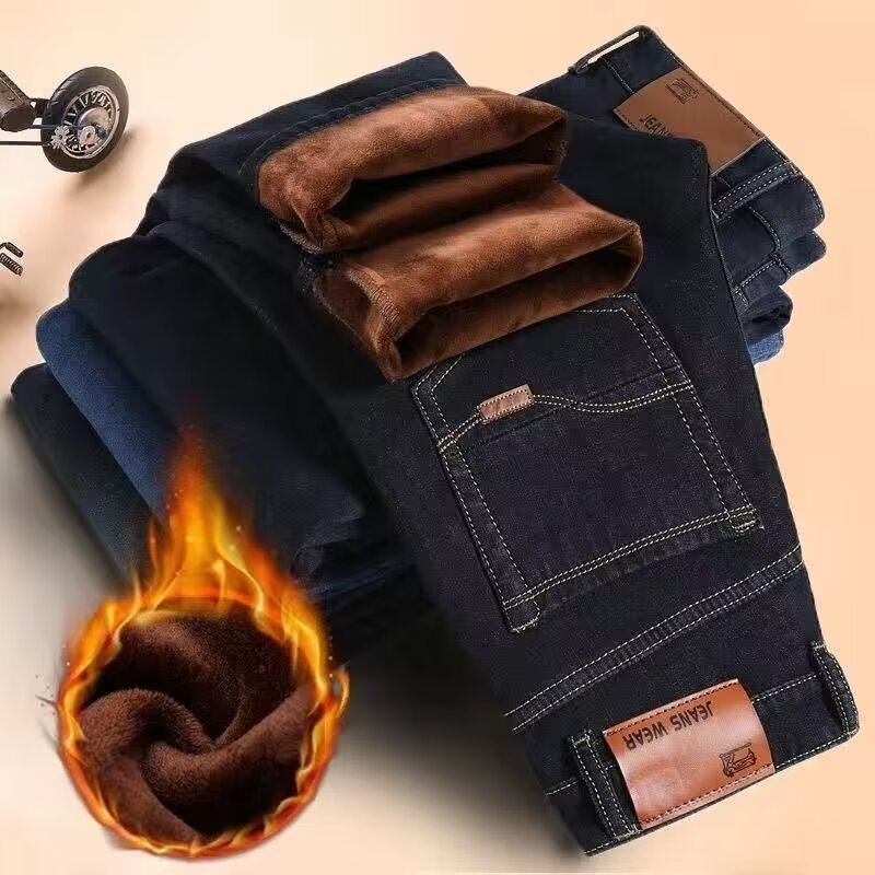 autumn and winter jeans men's fleece-lined thickened straight loose large size men's work warm winter out cold-proof men's pants details Picture