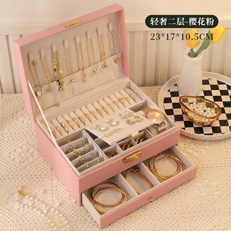 high-end three-layer jewelry box necklace earrings jewelry high quality leather large capacity multi-layer drawer ornament storage box Item Picture