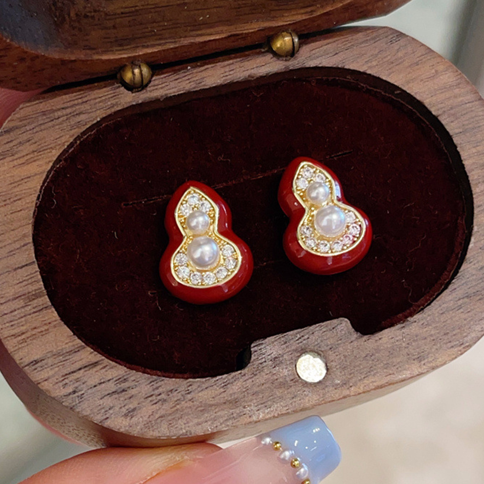 new 2025 hot drop oil micro-inlaid gourd pearl stud earrings female earrings niche high-grade red joyous earrings full figure