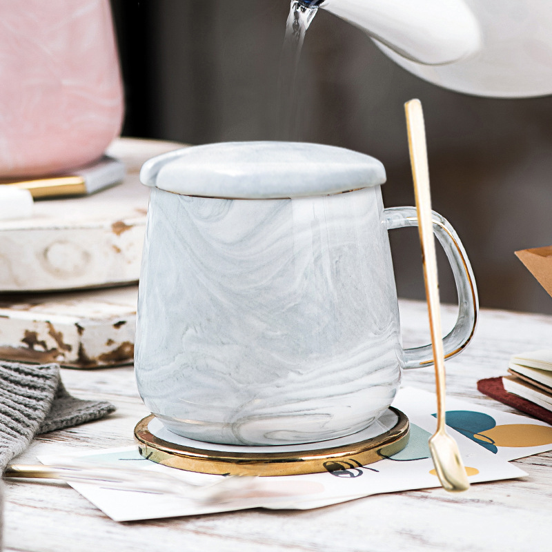 hot sale marble couple creative drinking cup ceramic household cups mug coffee cup with cover spoon tea cup Specification drawing