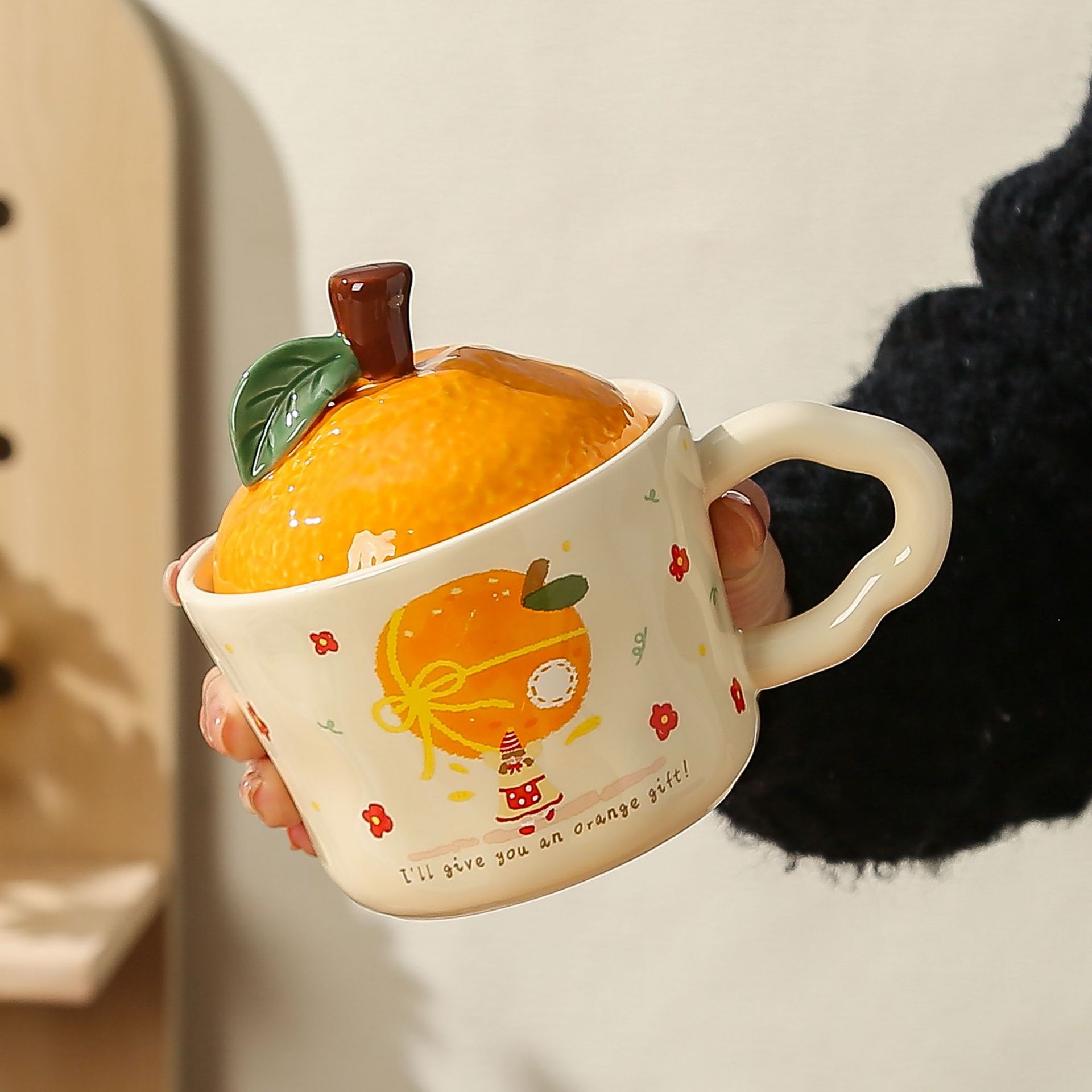 lucky orange ceramic cup cute mug with lid new year gift portable box office water glass Item Picture