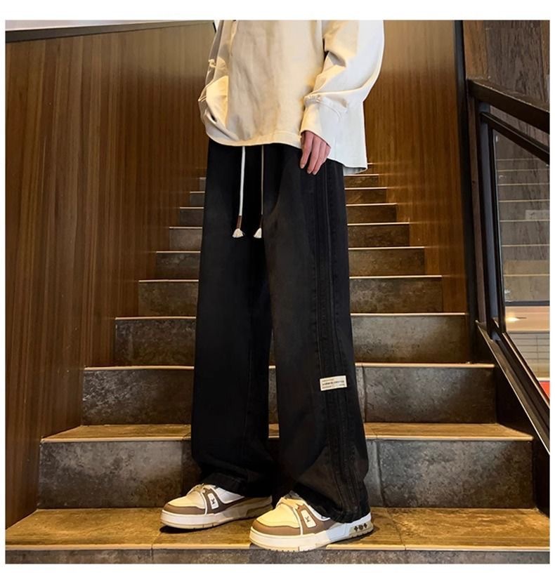 teen pants men's fashionable elastic waist jeans men's spring and autumn loose straight wide leg high street american trousers Item Picture