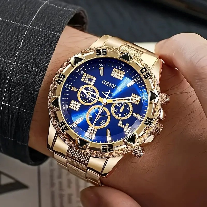 cross-border hot blue light colorful glass men's watch steel band quartz watch digital engraved vacation three-eye watch wholesale Specification drawing