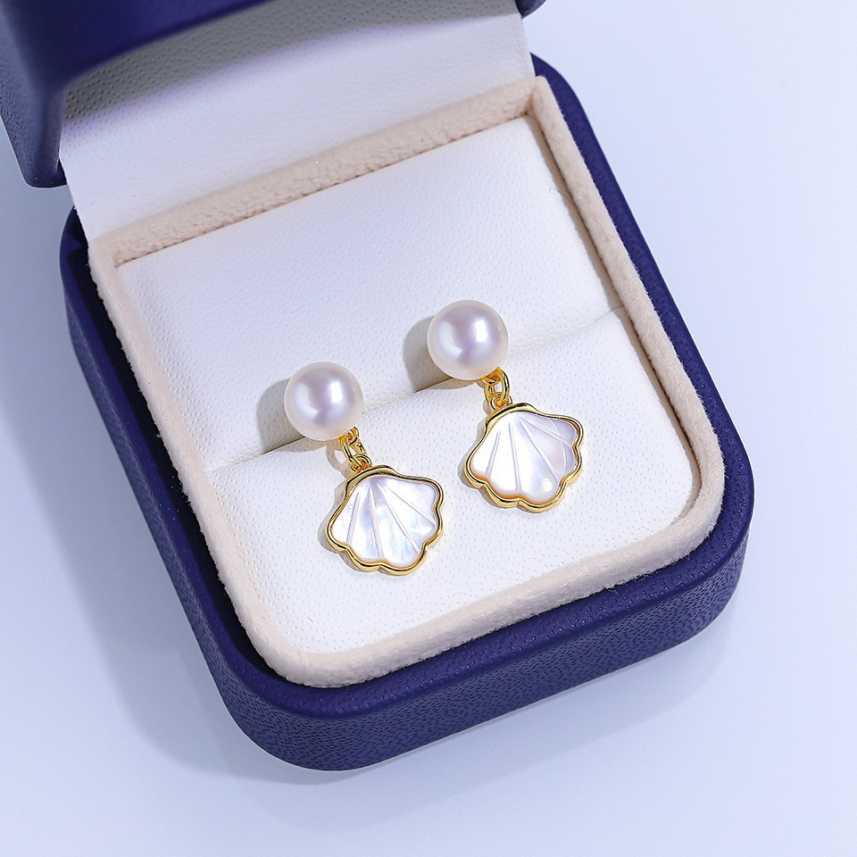 zhuji natural freshwater pearl ear studs 925 sterling silver needle fritillary heart-shaped earrings earrings earrings high-grade wholesale details Picture
