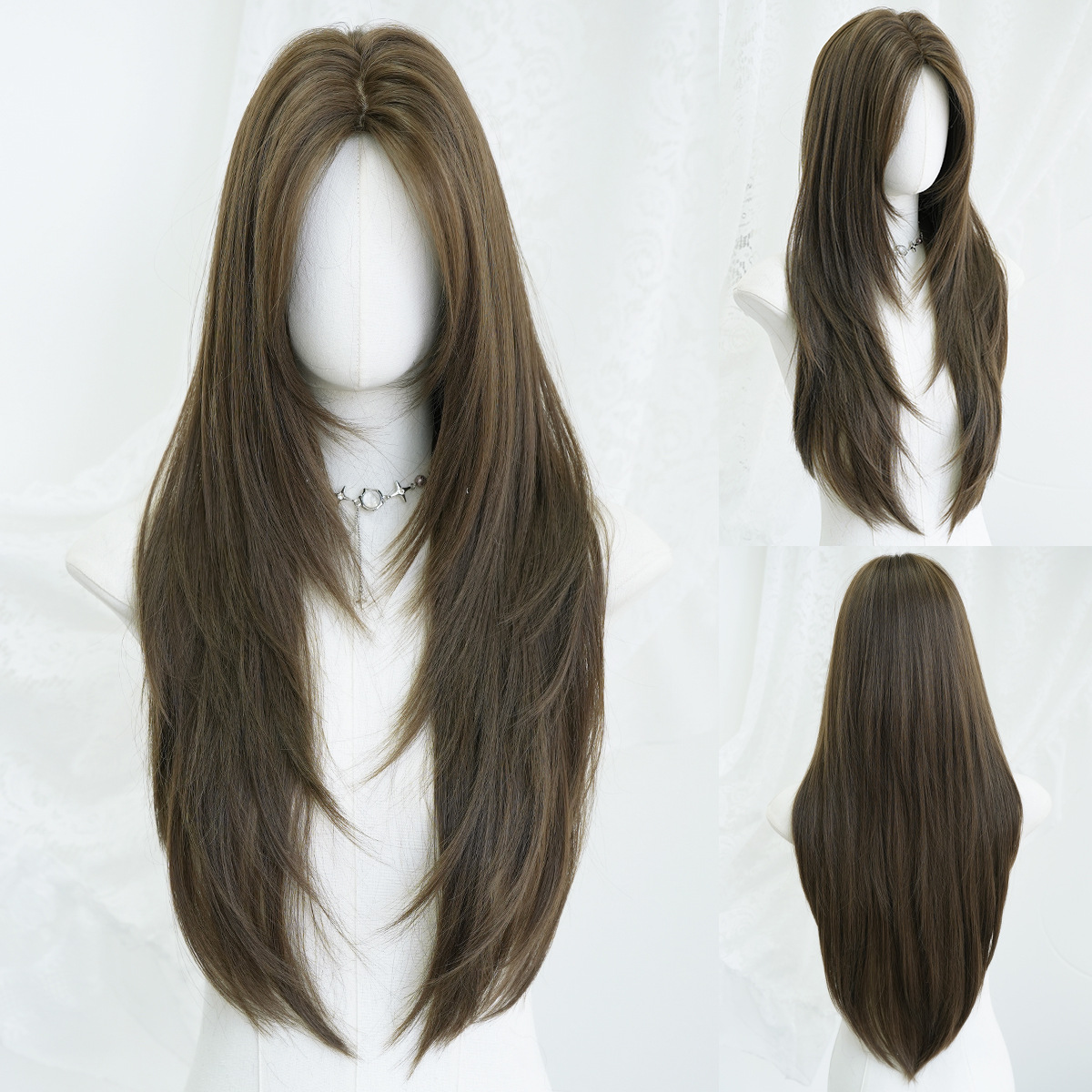 wig female fashion round face layers super long straight hair black full top wig straight bangs high quality chemical fiber full-head wig Specification drawing