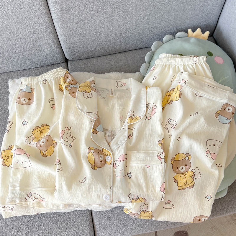 2025 new summer short sleeve pajamas women's japanese style sausage dog cartoon cute cotton gauze home wear three-piece set Specification drawing