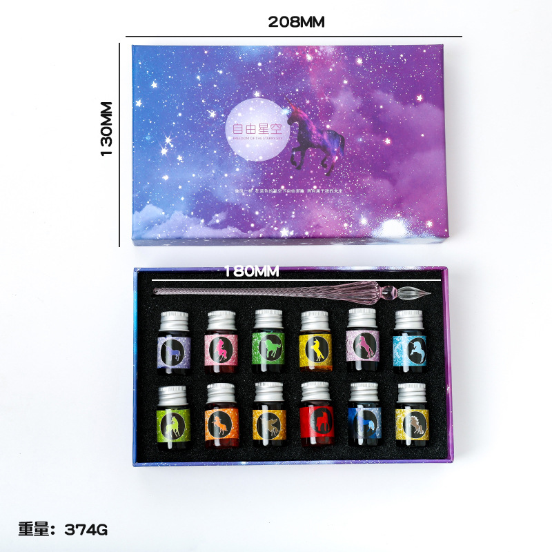 free starry sky pen glass pen gradient color gift set water pen business gift pen crystal pen for students Specification drawing