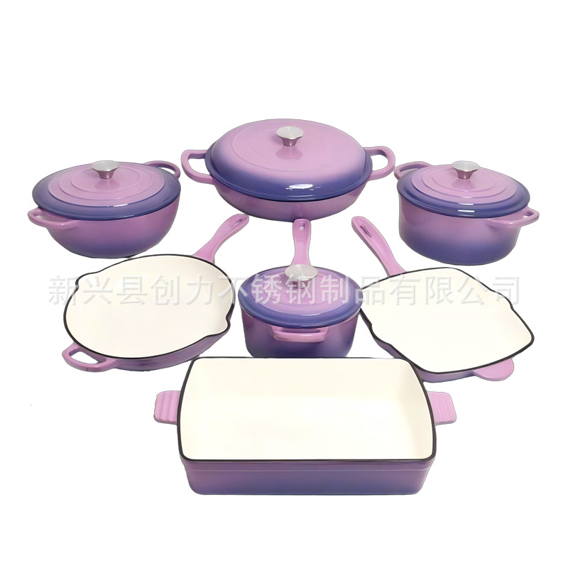 enameled cast-iron cookware 7-piece mummy pot uncoated soup pot fry pan 7pcs set gift pot foreign trade fry pan Item Picture