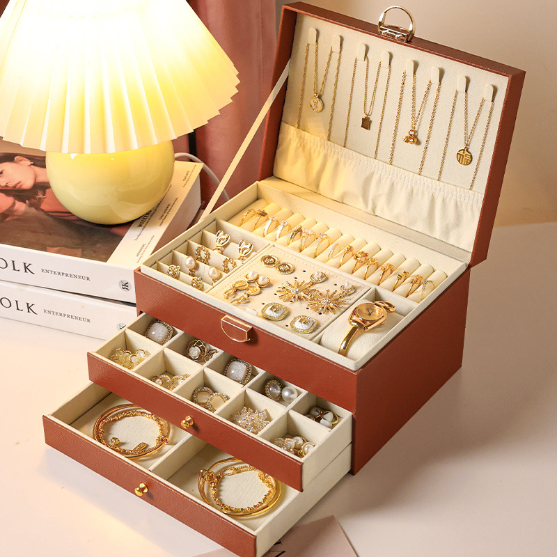 new jewelry storage box double-layer earrings ear stud necklace bracelet jewelry box exquisite high-end gold jewelry box Item Picture