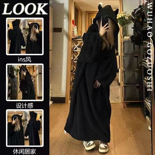cute little monster nightgown women's winter long velvet lining thick coral fleece one-piece pajamas winter hooded tracksuit Specification drawing
