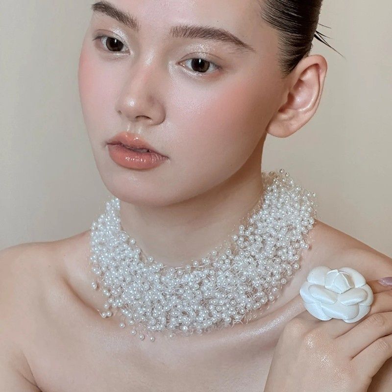 French retro multi-layer beaded necklace, personalized transparent fishline collarbone chain, elegant bride wedding dress necklace Specification image