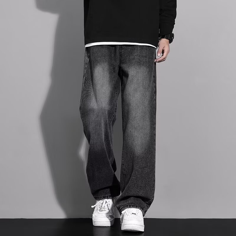 american retro washed worn jeans men's spring and autumn new straight elastic waist loose high street men's trousers Item Picture