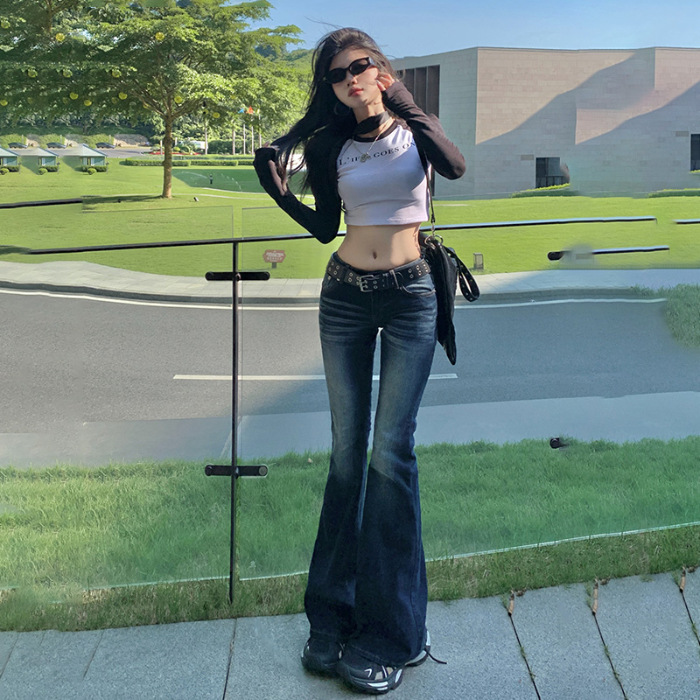 yc & american style nostalgic low waist hot girl bell-bottom pants all-match elastic slim fit slimming jeans women & trousers lengthened Application Scenario