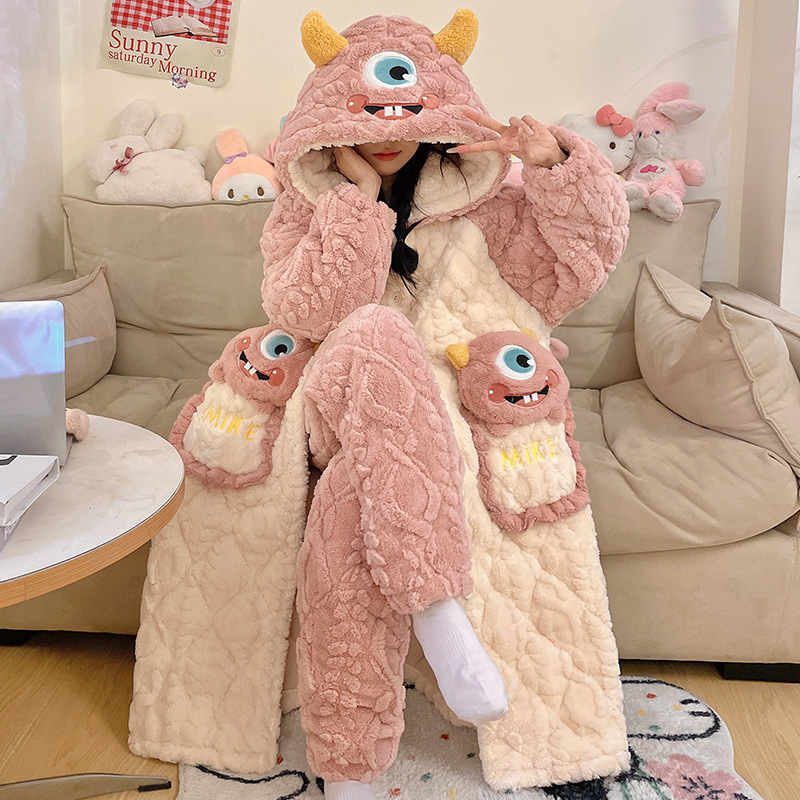 three-layer quilted pajamas women's autumn and winter fleece-lined thick coral fleece hooded nightgown cute bathrobe winter home wear Application Scenario