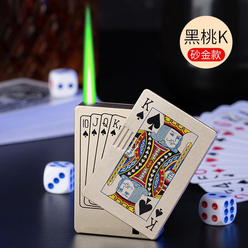 (full platform one piece dropshipping) playing cards mahjong green flame windproof lighter inflatable aw756 for boyfriend details Picture