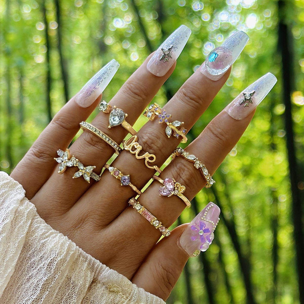 europe and america cross border new light luxury flower rhinestone-embedded gemstone ring fashion special-interest love9-piece ring set full figure