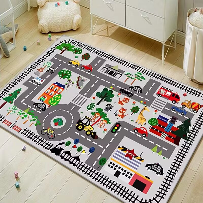children's game carpet city traffic road parking lot floor mat baby crawling mat car track toy mat details Picture