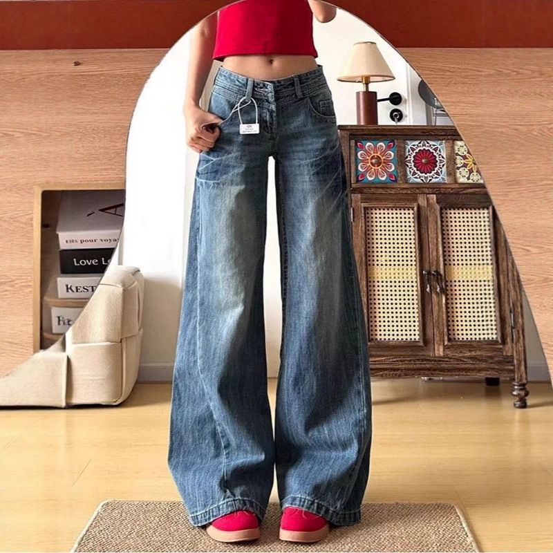 design sense personal korean style brushed white low waist jeans for women spring and autumn new loose wide leg mopping denim pants details Picture
