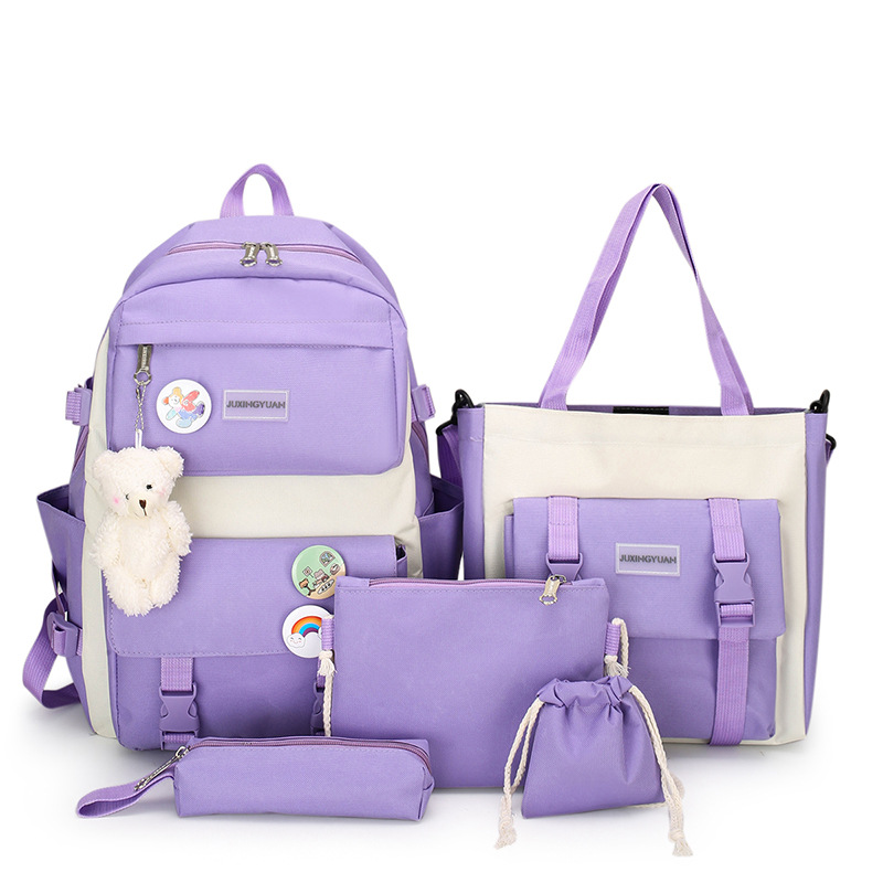 new five-piece schoolbag female korean primary school student high school student large capacity fresh and stylish backpack Item Picture